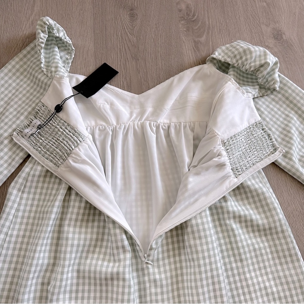 🆕 Ivory & Moss Gingham Long Sleeve Sweetheart Neck Babydoll Dress - Picture 6 of 11